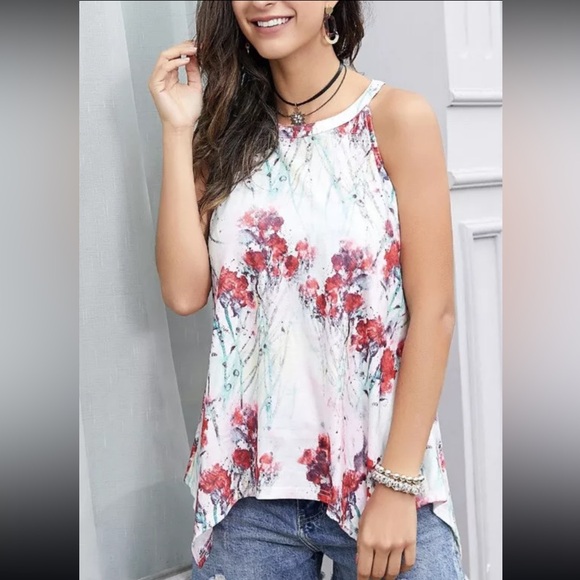 Reborn New York Tops - Reborn New York Size Large White & Red Floral Asymmetrical Hem Halter Tank Top